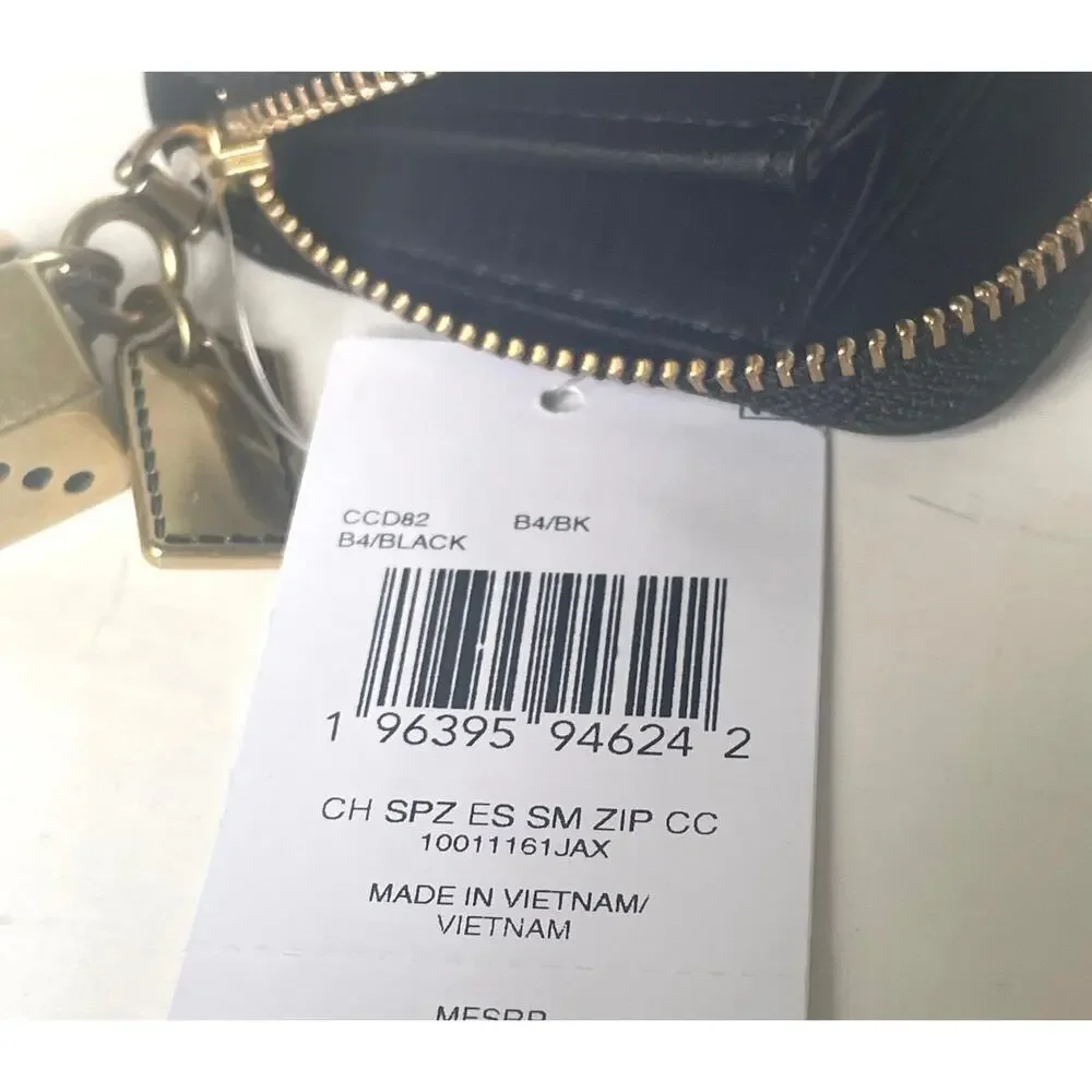 Coach Essential Small Zip Around Wallet Black Spazzolato Leather Charms CCD82